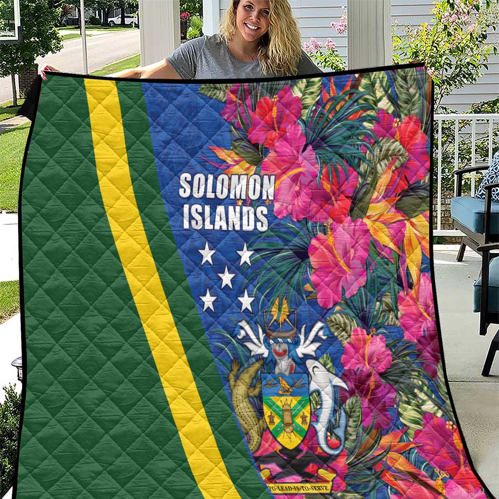 Solomon Islands Independence Day Quilt Coat Of Arms With Tropical Flowers