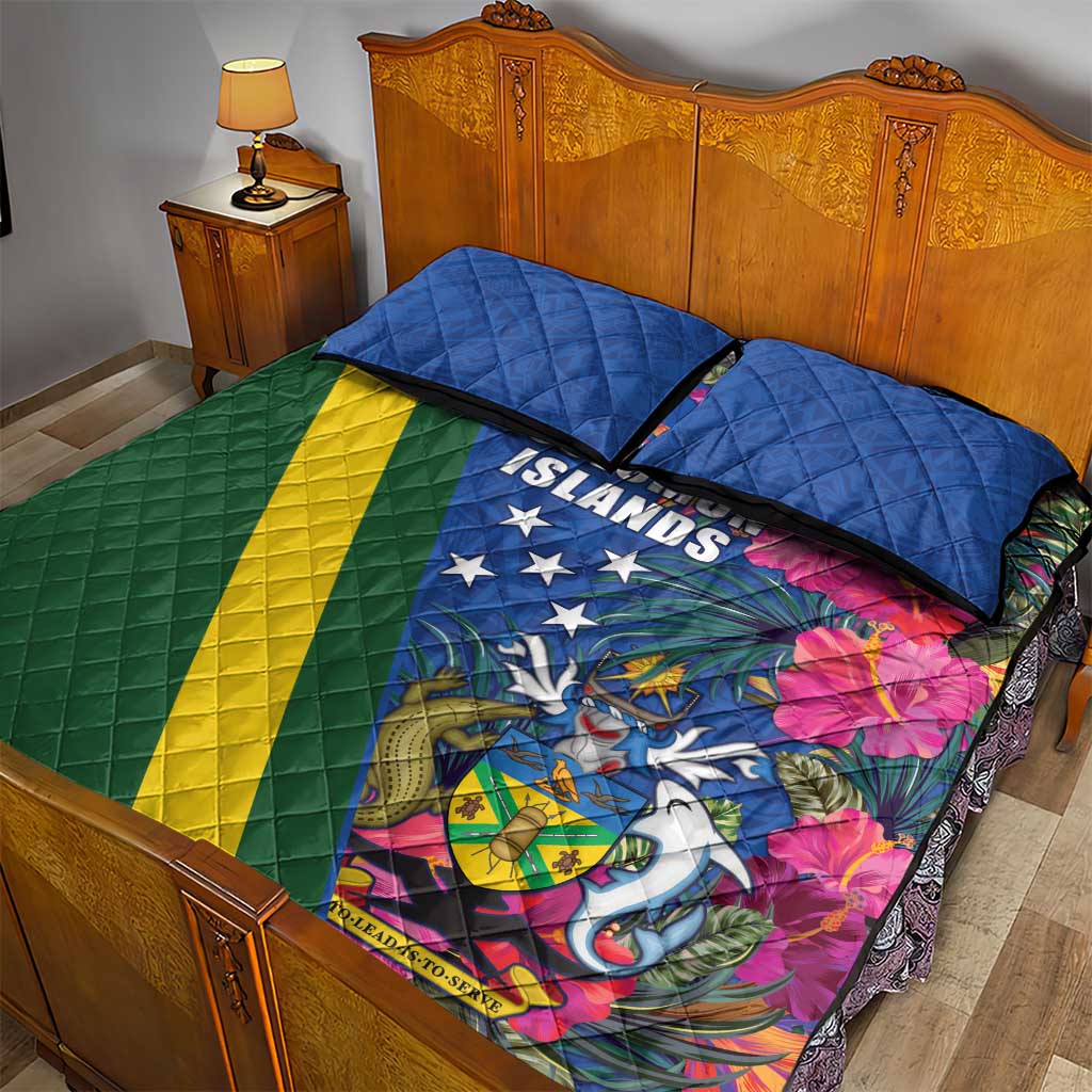 Solomon Islands Independence Day Quilt Bed Set Coat Of Arms With Tropical Flowers