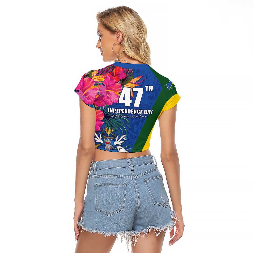 Solomon Islands Independence Day Raglan Cropped T Shirt Coat Of Arms With Tropical Flowers