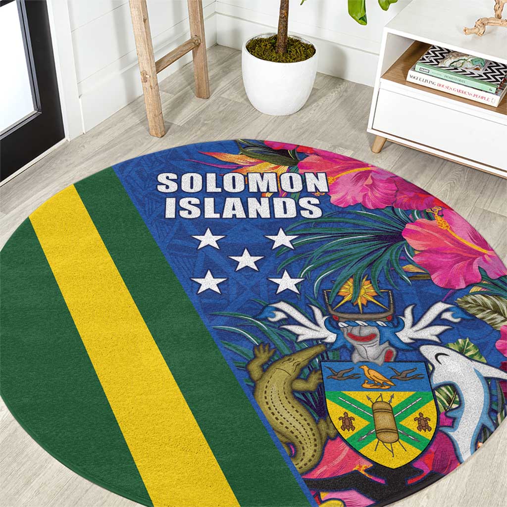 Solomon Islands Independence Day Round Carpet Coat Of Arms With Tropical Flowers
