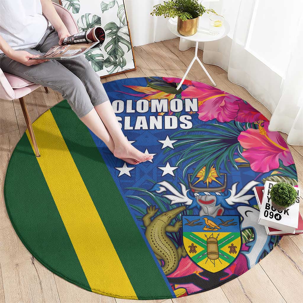 Solomon Islands Independence Day Round Carpet Coat Of Arms With Tropical Flowers