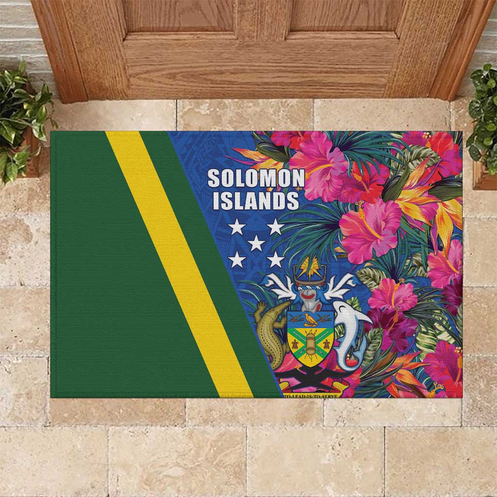 Solomon Islands Independence Day Rubber Doormat Coat Of Arms With Tropical Flowers