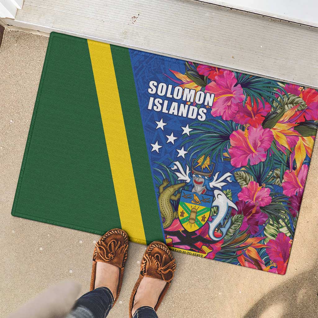 Solomon Islands Independence Day Rubber Doormat Coat Of Arms With Tropical Flowers