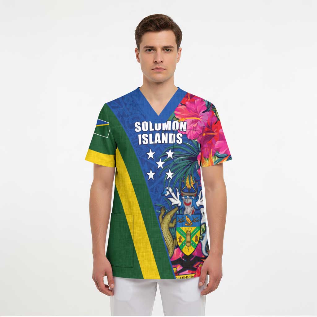 Solomon Islands Independence Day Scrub Top Coat Of Arms With Tropical Flowers - Polynesian Pride