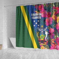 Solomon Islands Independence Day Shower Curtain Coat Of Arms With Tropical Flowers