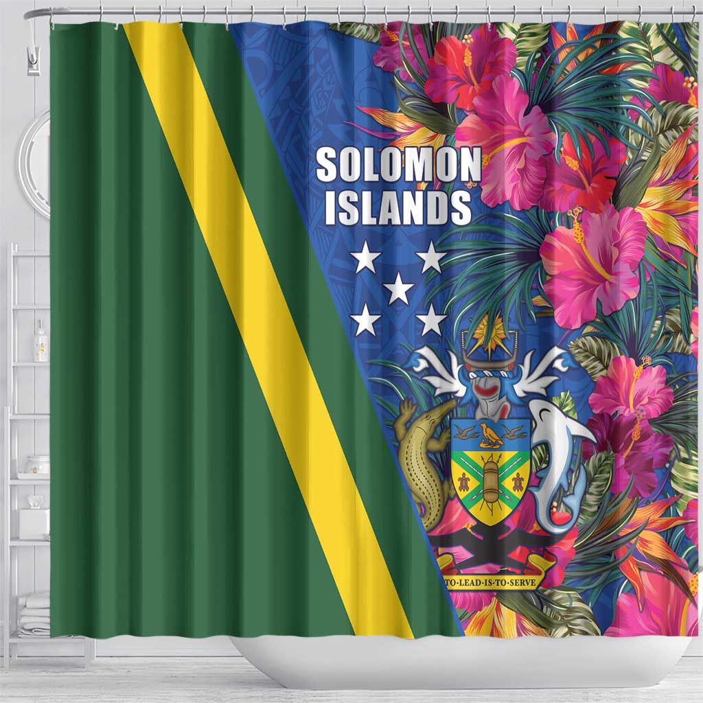 Solomon Islands Independence Day Shower Curtain Coat Of Arms With Tropical Flowers