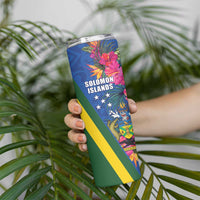 Solomon Islands Independence Day Skinny Tumbler Coat Of Arms With Tropical Flowers
