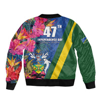 Solomon Islands Independence Day Sleeve Zip Bomber Jacket Coat Of Arms With Tropical Flowers