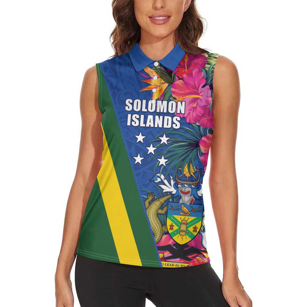 Solomon Islands Independence Day Women Sleeveless Polo Shirt Coat Of Arms With Tropical Flowers