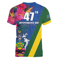 Solomon Islands Independence Day Women V-Neck T-Shirt Coat Of Arms With Tropical Flowers