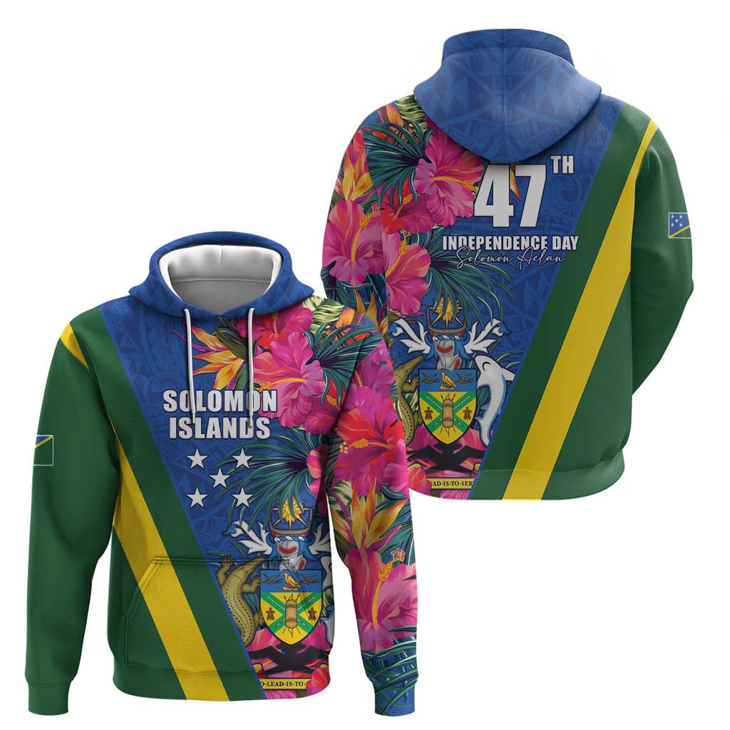 Solomon Islands Independence Day Zip Hoodie Coat Of Arms With Tropical Flowers