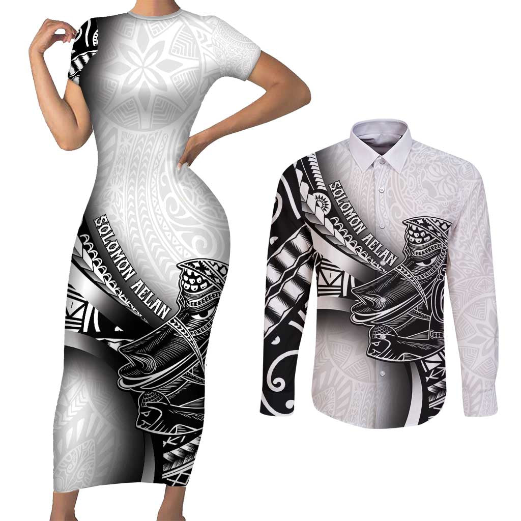 Solomon Islands Nguzunguzu Couples Matching Short Sleeve Bodycon Dress and Long Sleeve Button Shirt Polynesian Tribal Pattern