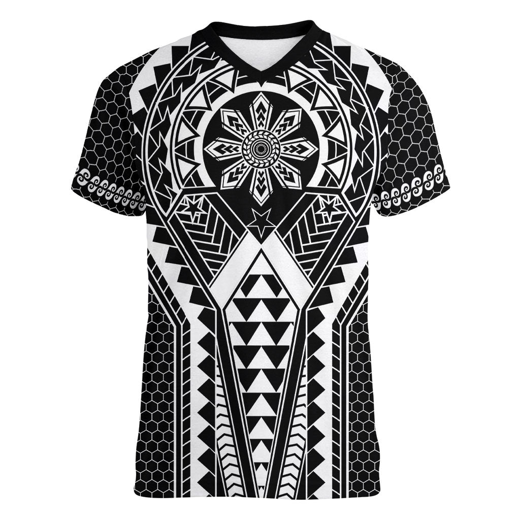 Philippines Batok Tribal Inspired Tattoo Black Women V-Neck T-Shirt LT05 Female Black - Polynesian Pride
