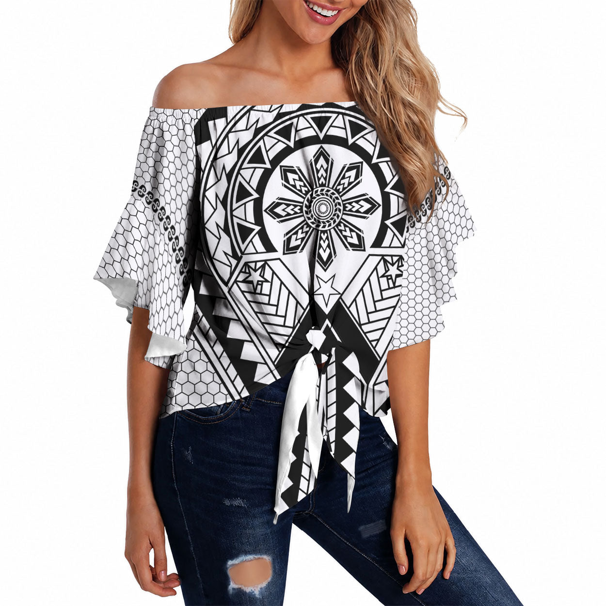 Philippines Batok Tribal Inspired Tattoo White Off Shoulder Wrap Waist Top LT05 White - Polynesian Pride