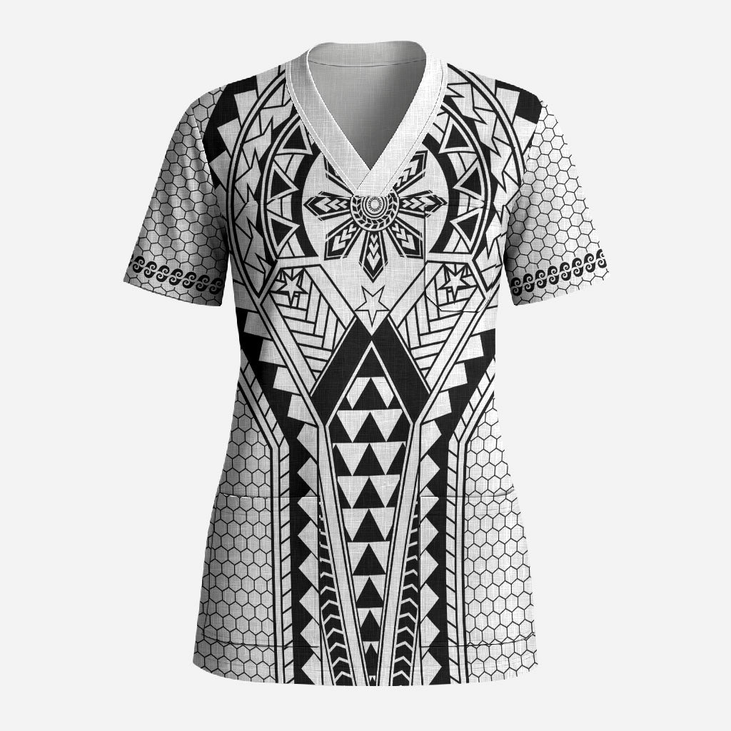 Philippines Batok Tribal Inspired Tattoo White Scrub Top LT05 Adult White - Polynesian Pride