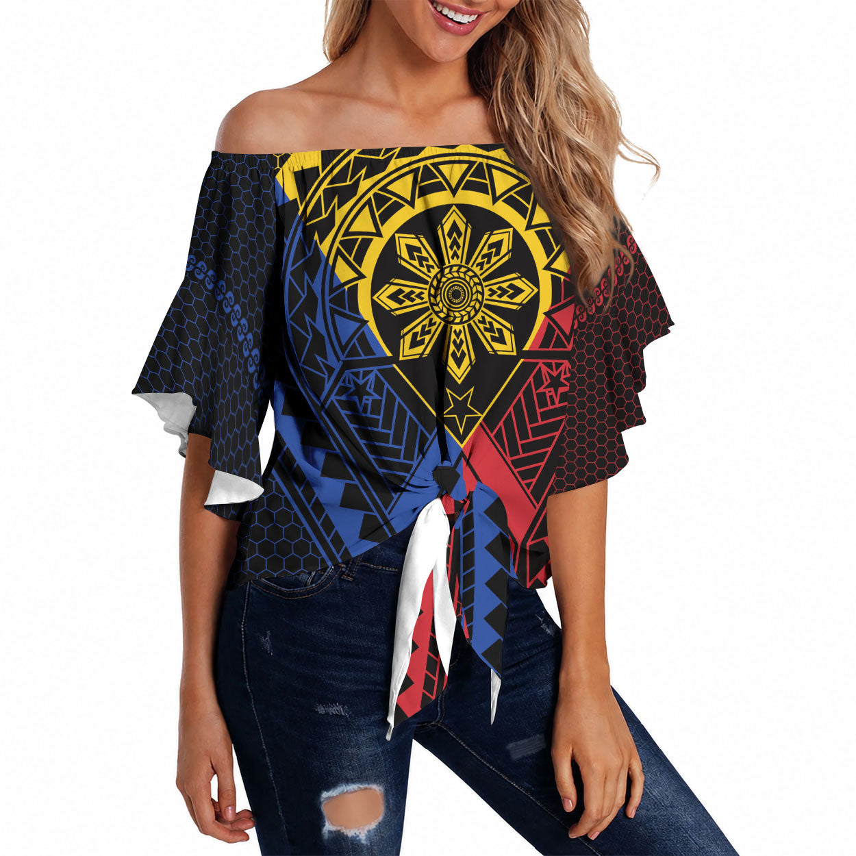 Philippines Batok Tribal Inspired Tattoo Off Shoulder Wrap Waist Top LT05 Multicolor - Polynesian Pride