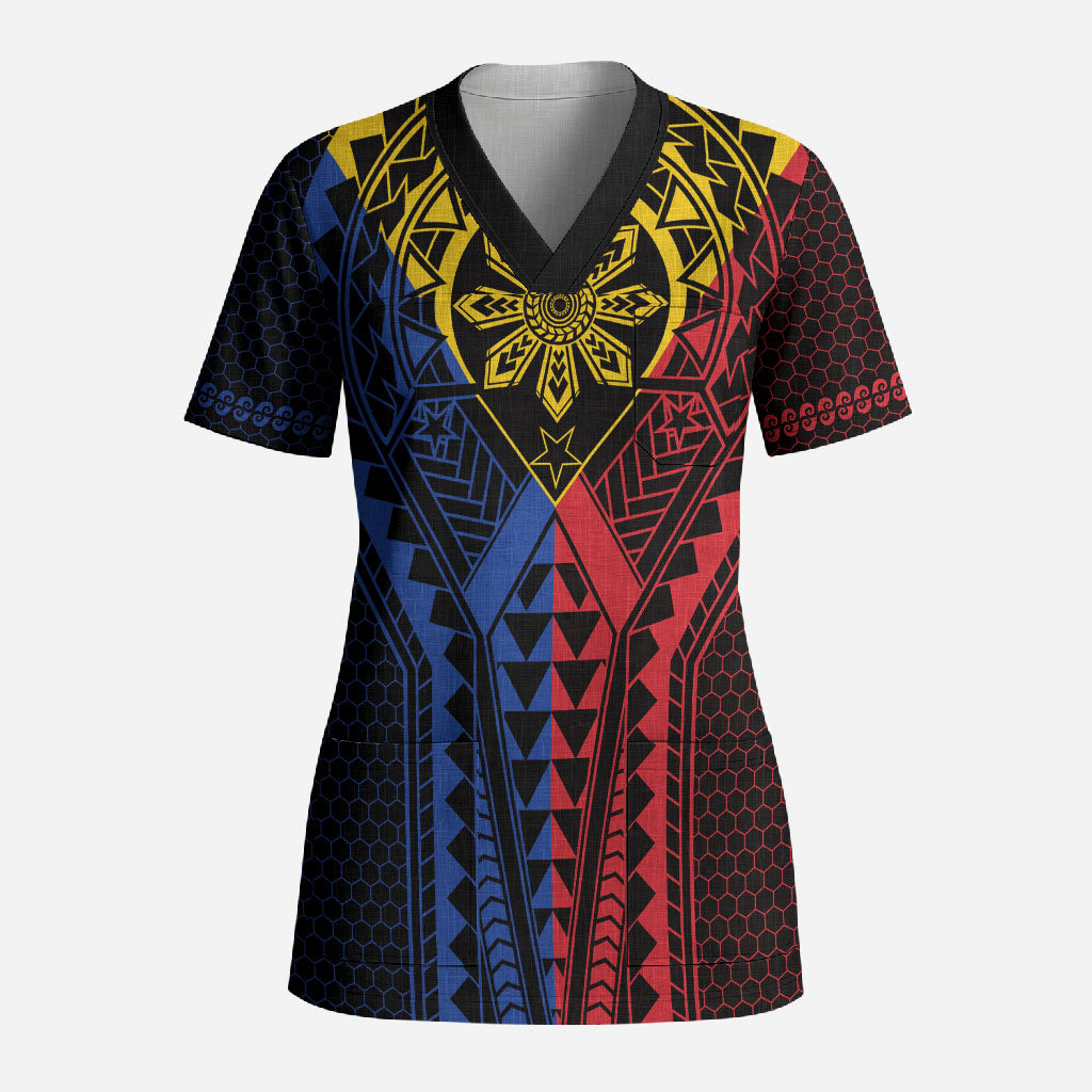 Philippines Batok Tribal Inspired Tattoo Scrub Top LT05 Adult Multicolor - Polynesian Pride