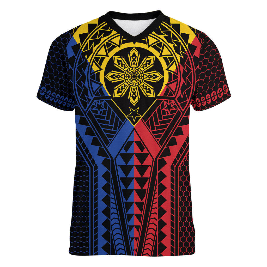 Philippines Batok Tribal Inspired Tattoo Women V-Neck T-Shirt LT05 Female Multicolor - Polynesian Pride