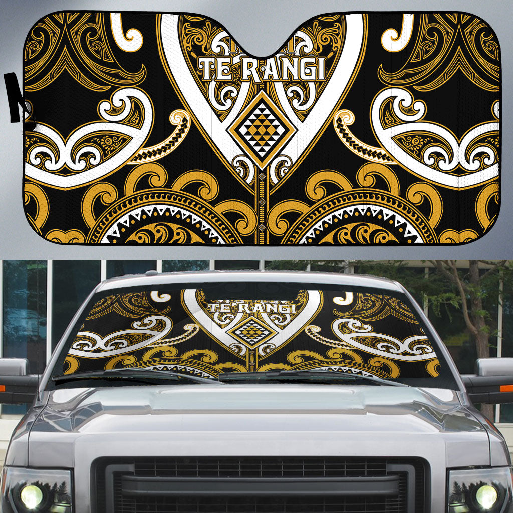 Aotearoa Ngai Te Rangi Auto Sun Shade Maori Tribal Pattern LT05 Gold - Polynesian Pride