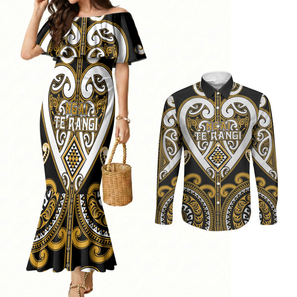 Custom Aotearoa Ngai Te Rangi Couples Matching Mermaid Dress and Long Sleeve Button Shirt Maori Tribal Pattern LT05 Gold - Polynesian Pride