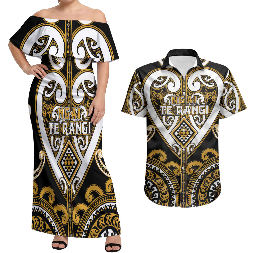 Custom Aotearoa Ngai Te Rangi Couples Matching Off Shoulder Maxi Dress and Hawaiian Shirt Maori Tribal Pattern LT05 Gold - Polynesian Pride