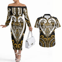 Custom Aotearoa Ngai Te Rangi Couples Matching Off The Shoulder Long Sleeve Dress and Hawaiian Shirt Maori Tribal Pattern LT05 Gold - Polynesian Pride