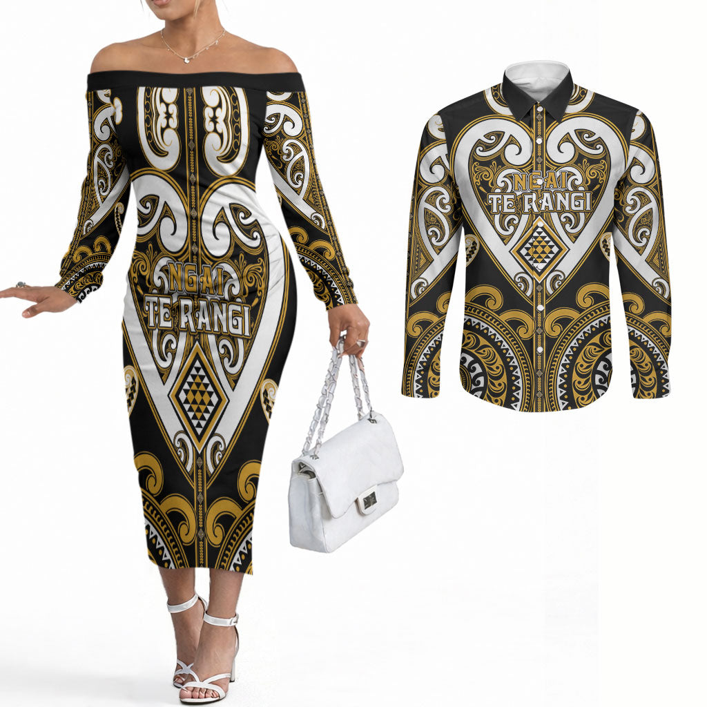 Custom Aotearoa Ngai Te Rangi Couples Matching Off The Shoulder Long Sleeve Dress and Long Sleeve Button Shirt Maori Tribal Pattern LT05 Gold - Polynesian Pride
