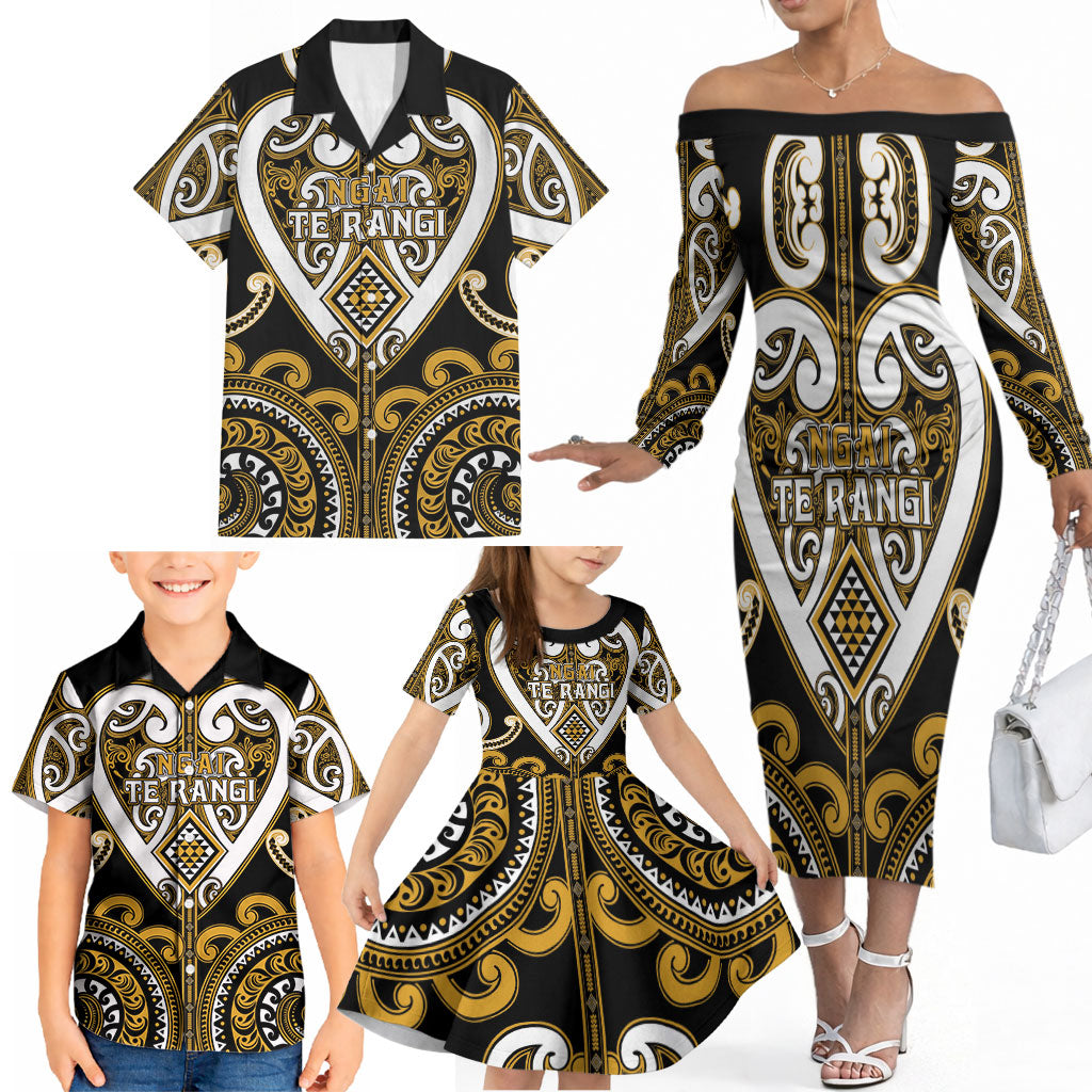 Custom Aotearoa Ngai Te Rangi Family Matching Off The Shoulder Long Sleeve Dress and Hawaiian Shirt Maori Tribal Pattern LT05 - Polynesian Pride