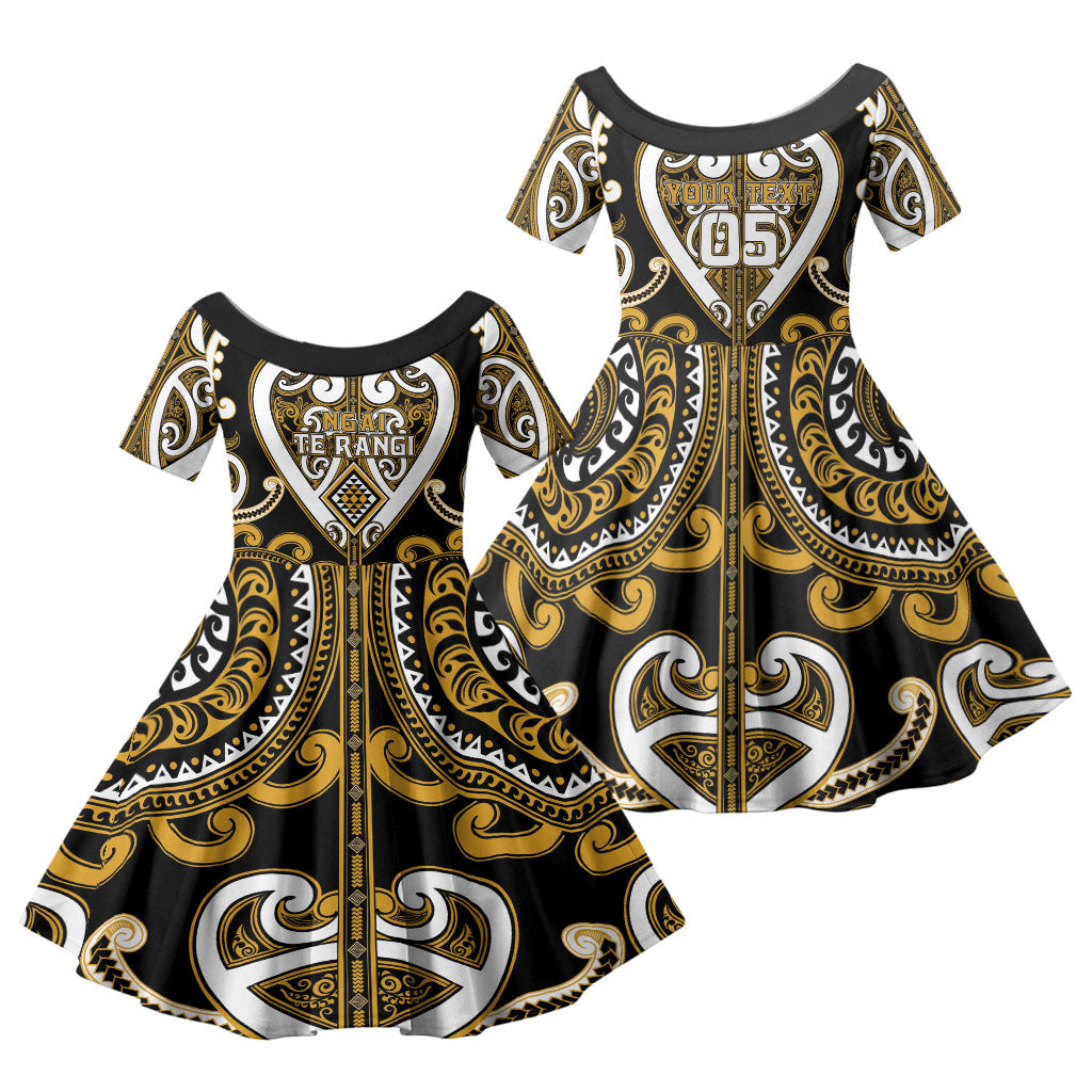 Custom Aotearoa Ngai Te Rangi Family Matching Summer Maxi Dress and Hawaiian Shirt Maori Tribal Pattern LT05 Daughter's Dress Gold - Polynesian Pride