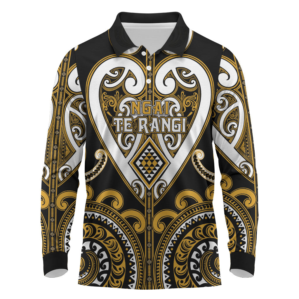 Custom Aotearoa Ngai Te Rangi Long Sleeve Polo Shirt Maori Tribal Pattern LT05 Gold - Polynesian Pride