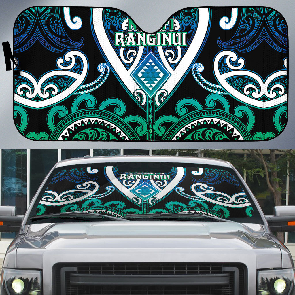 Aotearoa Ngati Ranginui Auto Sun Shade Maori Tribal Pattern LT05 Cyan - Polynesian Pride