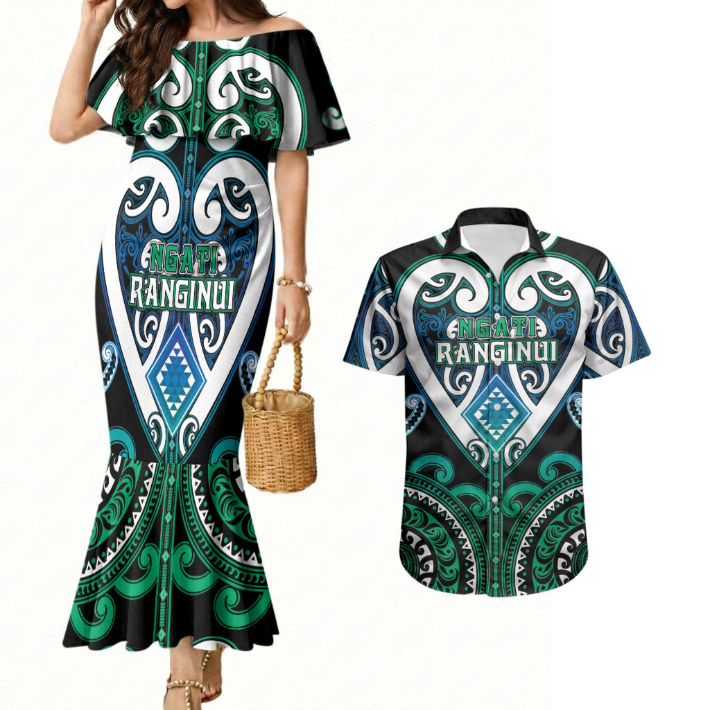 Custom Aotearoa Ngati Ranginui Couples Matching Mermaid Dress and Hawaiian Shirt Maori Tribal Pattern LT05 Cyan - Polynesian Pride