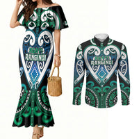 Custom Aotearoa Ngati Ranginui Couples Matching Mermaid Dress and Long Sleeve Button Shirt Maori Tribal Pattern LT05 Cyan - Polynesian Pride