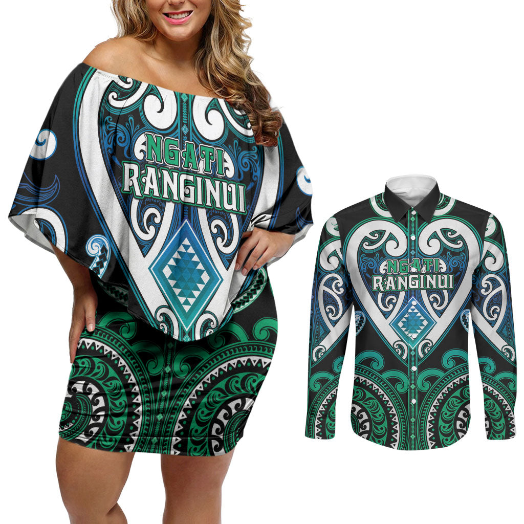 Custom Aotearoa Ngati Ranginui Couples Matching Off Shoulder Short Dress and Long Sleeve Button Shirt Maori Tribal Pattern LT05 Cyan - Polynesian Pride