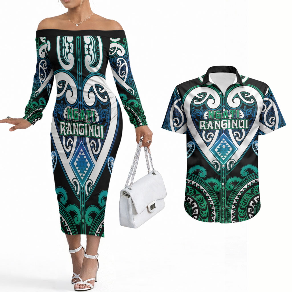 Custom Aotearoa Ngati Ranginui Couples Matching Off The Shoulder Long Sleeve Dress and Hawaiian Shirt Maori Tribal Pattern LT05 Cyan - Polynesian Pride