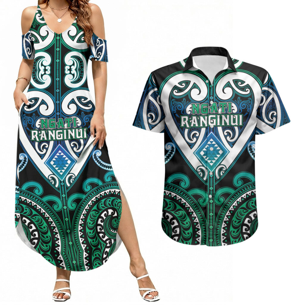Custom Aotearoa Ngati Ranginui Couples Matching Summer Maxi Dress and Hawaiian Shirt Maori Tribal Pattern LT05 Cyan - Polynesian Pride