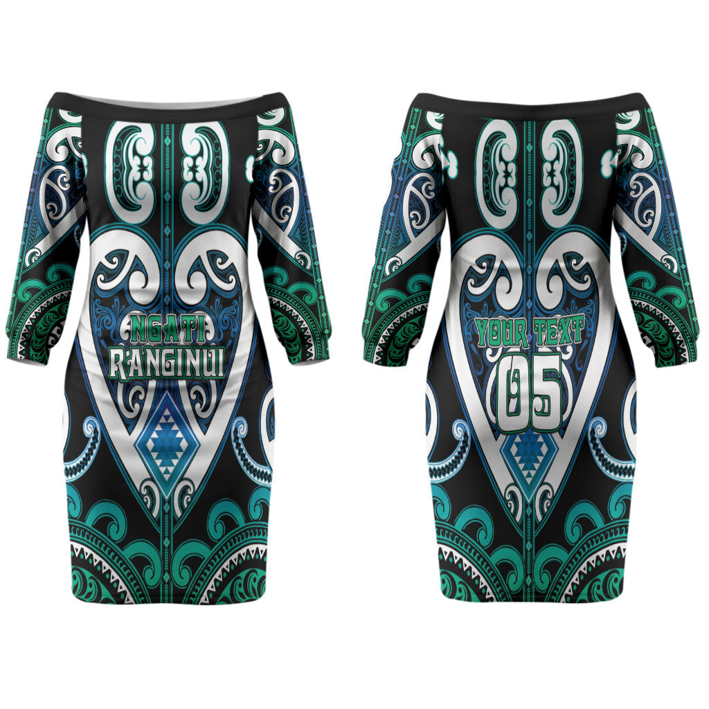 Custom Aotearoa Ngati Ranginui Family Matching Off The Shoulder Long Sleeve Dress and Hawaiian Shirt Maori Tribal Pattern LT05 Mom's Dress Cyan - Polynesian Pride
