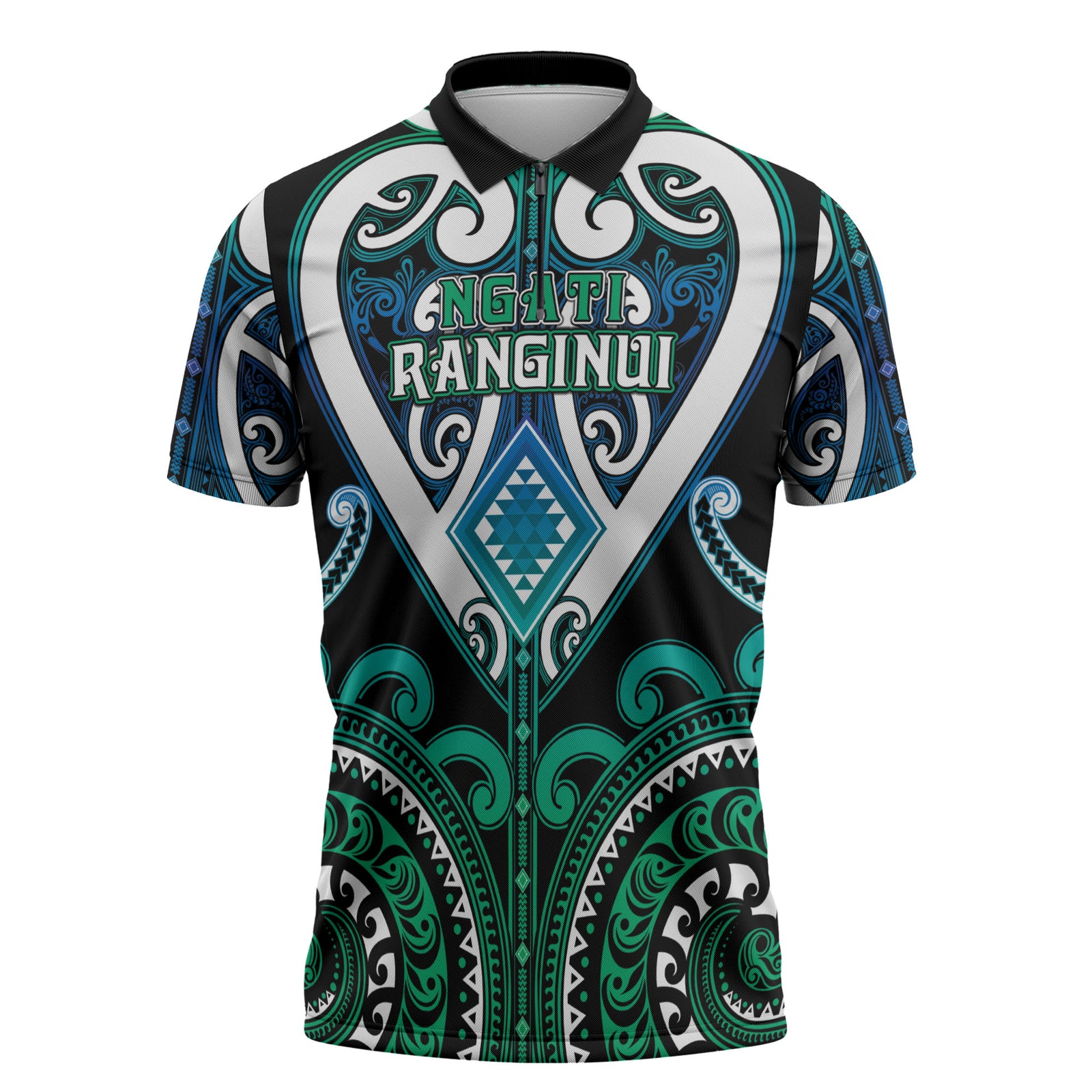 Custom Aotearoa Ngati Ranginui Zipper Polo Shirt Maori Tribal Pattern LT05 Cyan - Polynesian Pride