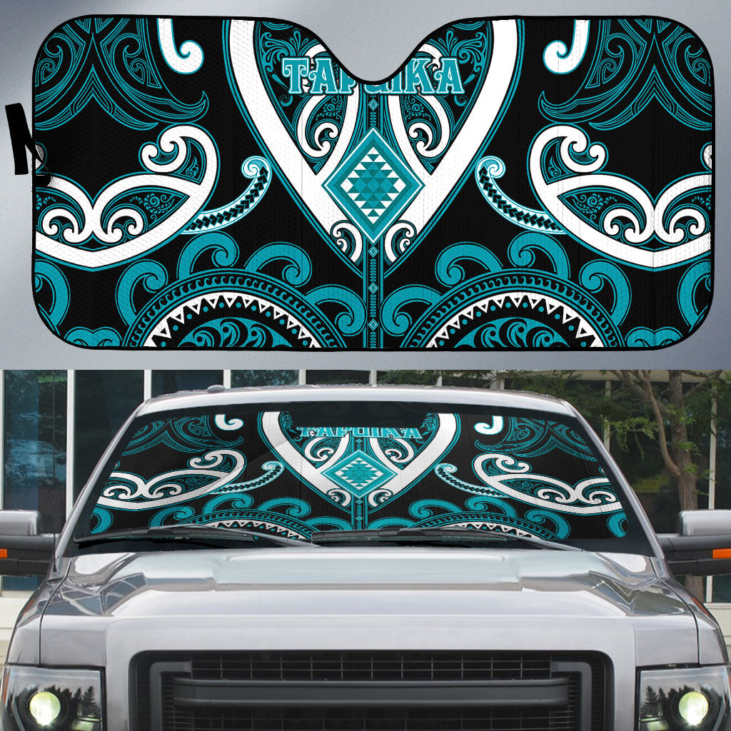 Aotearoa Tapuika Auto Sun Shade Maori Tribal Pattern LT05 Teal - Polynesian Pride