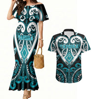 Custom Aotearoa Tapuika Couples Matching Mermaid Dress and Hawaiian Shirt Maori Tribal Pattern LT05 Teal - Polynesian Pride