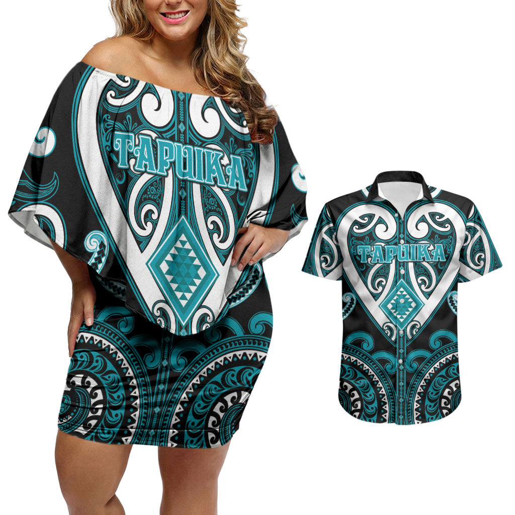Custom Aotearoa Tapuika Couples Matching Off Shoulder Short Dress and Hawaiian Shirt Maori Tribal Pattern LT05 Teal - Polynesian Pride