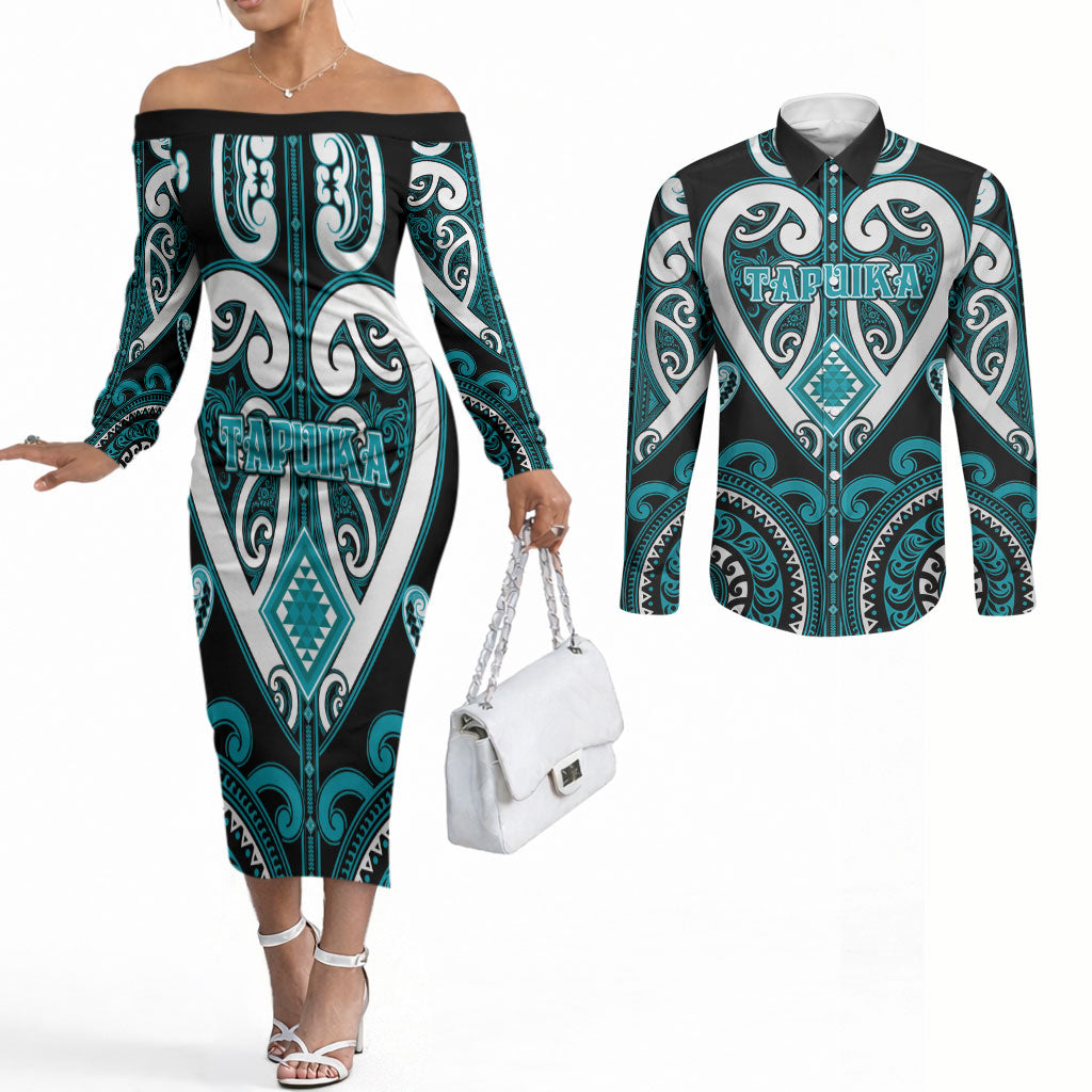 Custom Aotearoa Tapuika Couples Matching Off The Shoulder Long Sleeve Dress and Long Sleeve Button Shirt Maori Tribal Pattern LT05 Teal - Polynesian Pride