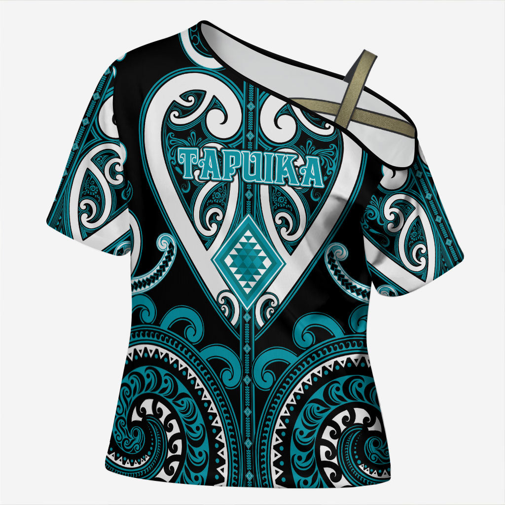 Custom Aotearoa Tapuika Cross Shoulder Shirt Maori Tribal Pattern LT05 Female Teal - Polynesian Pride