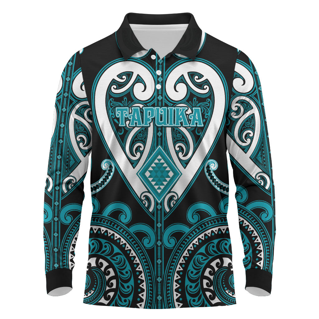 Custom Aotearoa Tapuika Long Sleeve Polo Shirt Maori Tribal Pattern LT05 Teal - Polynesian Pride