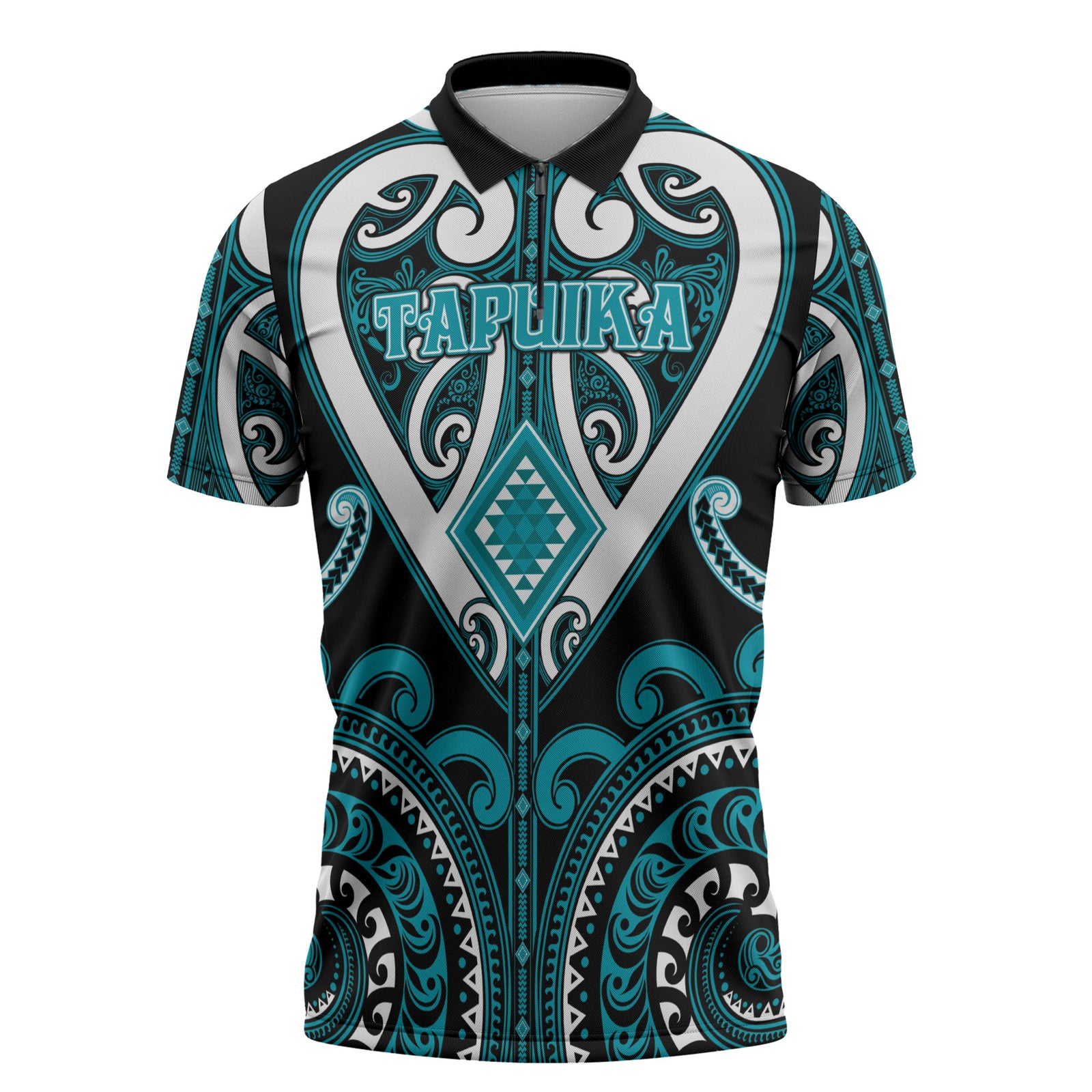 Custom Aotearoa Tapuika Zipper Polo Shirt Maori Tribal Pattern LT05 Teal - Polynesian Pride