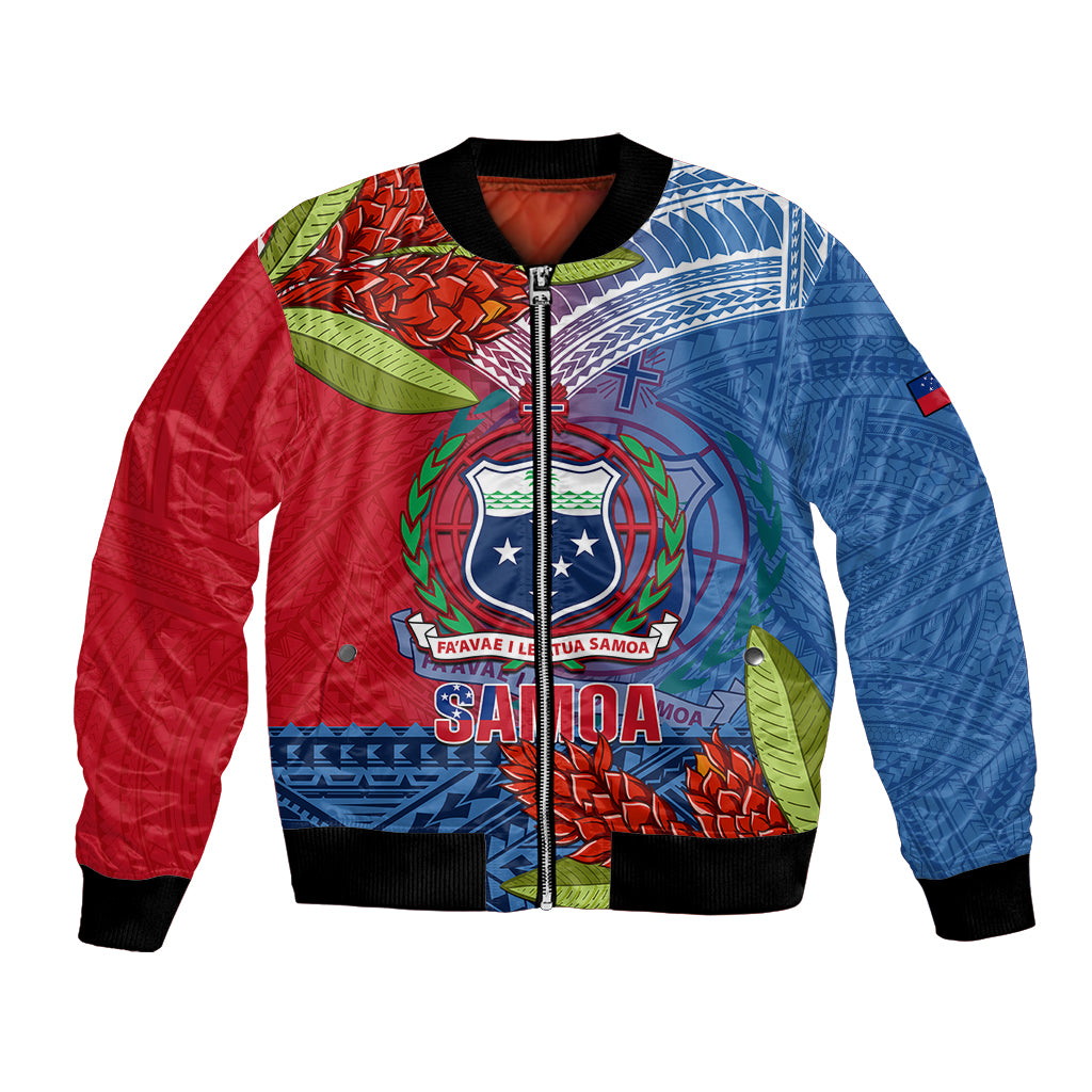 Personalized Samoa Bomber Jacket Teuila Torch Ginger Mix Polynesian Tribal LT05 Unisex Blue - Polynesian Pride