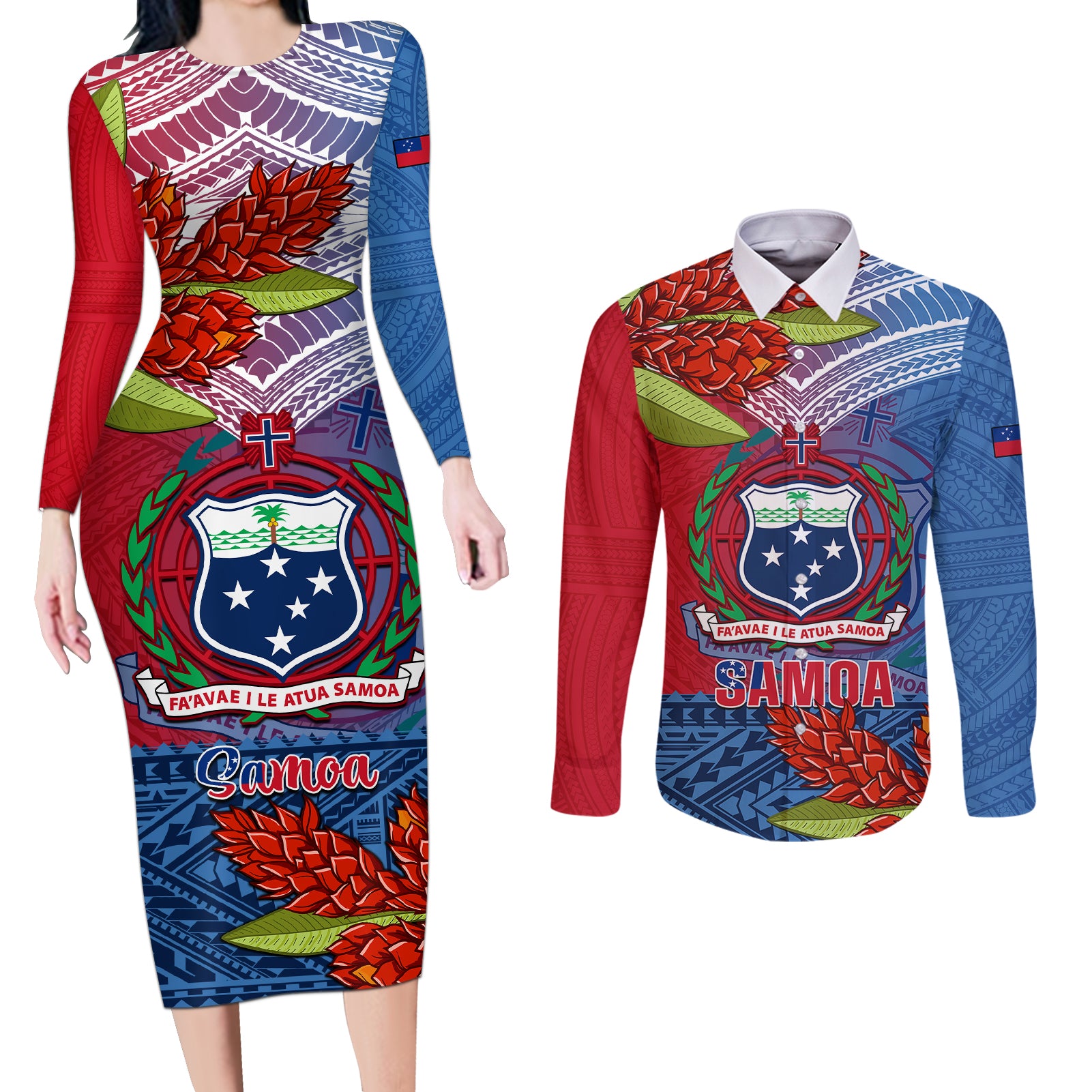 Personalized Samoa Couples Matching Long Sleeve Bodycon Dress and Long Sleeve Button Shirts Teuila Torch Ginger Mix Polynesian Tribal LT05 Blue - Polynesian Pride