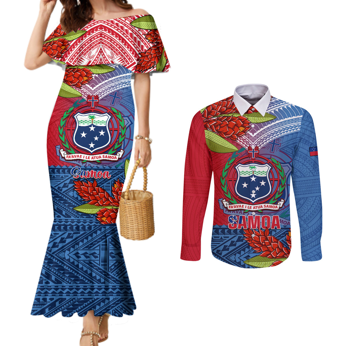 Personalized Samoa Couples Matching Mermaid Dress and Long Sleeve Button Shirts Teuila Torch Ginger Mix Polynesian Tribal LT05 Blue - Polynesian Pride