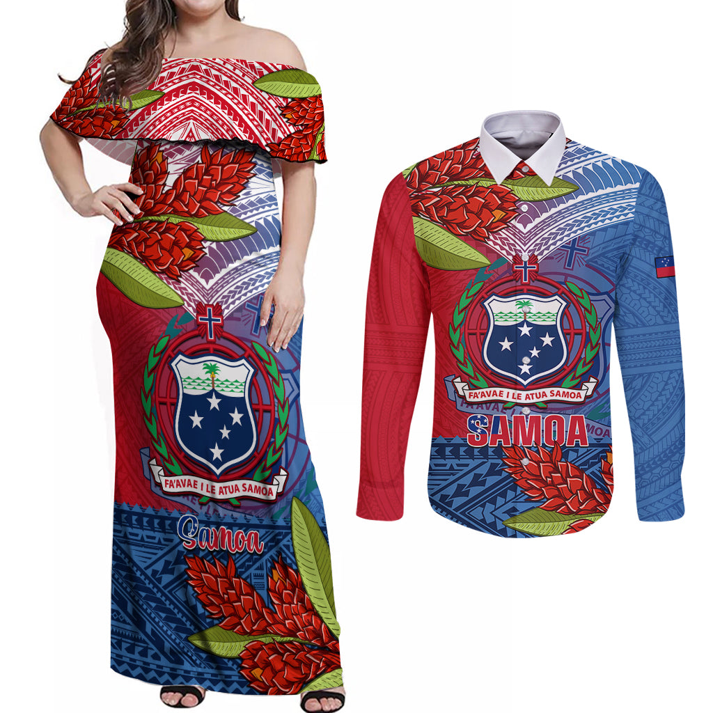 Personalized Samoa Couples Matching Off Shoulder Maxi Dress and Long Sleeve Button Shirts Teuila Torch Ginger Mix Polynesian Tribal LT05 Blue - Polynesian Pride