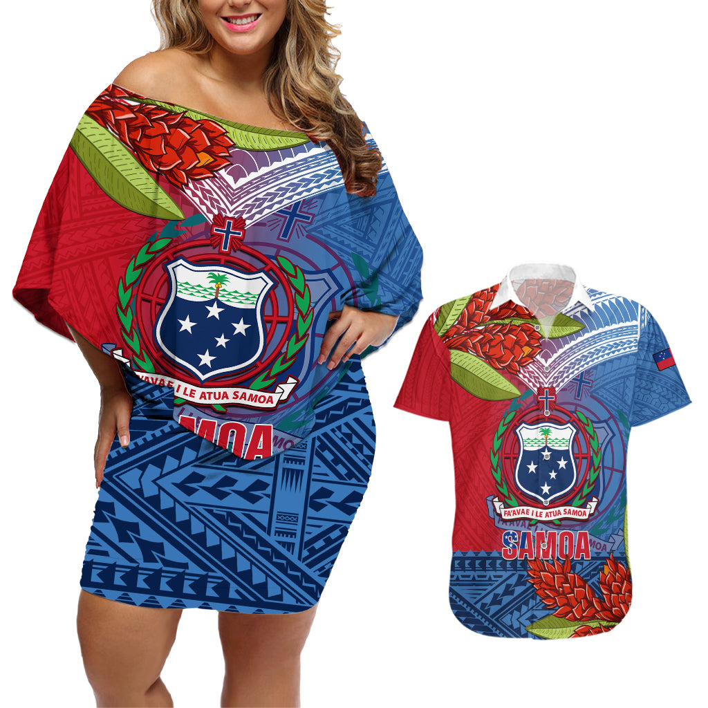 Personalized Samoa Couples Matching Off Shoulder Short Dress and Hawaiian Shirt Teuila Torch Ginger Mix Polynesian Tribal LT05 Blue - Polynesian Pride